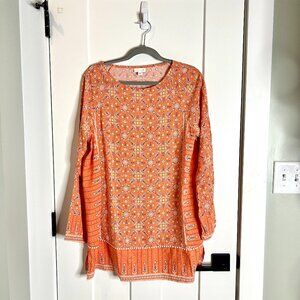 J. Jill Orange Floral Boho Long-Lined Tunic Top Bohemian Flowy Oversized Sz M